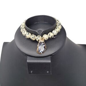 Bracelet Beaded Stretch Dalmatian Jasper Cream Black Speckled Drop Pendant